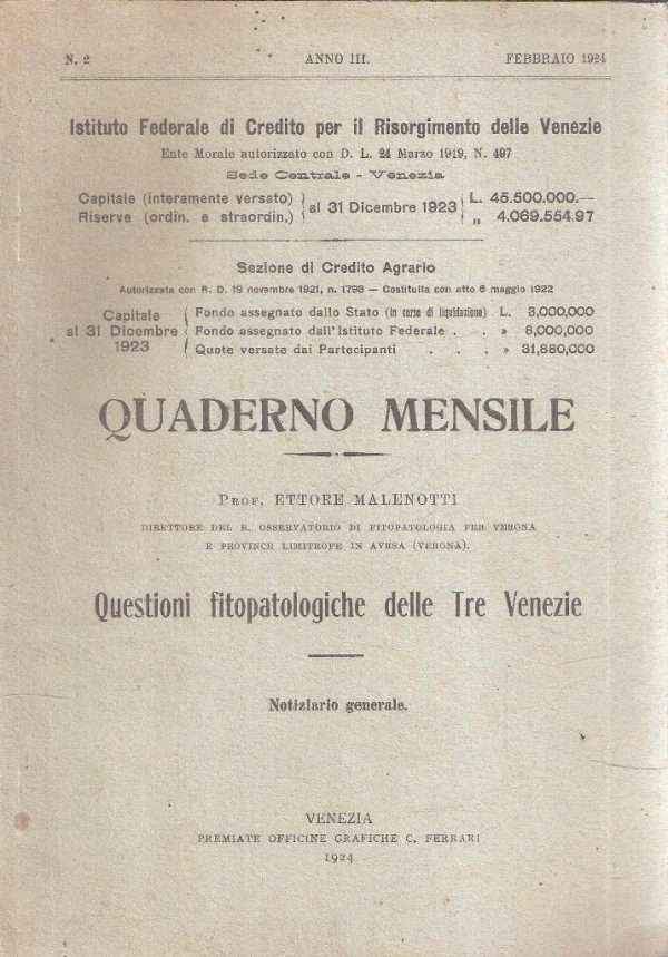 QUADERNO MENSILE N. 2 ANNO III - QUESTIONI FITOPATOLOGICHE DELLE TRE VENEZIE